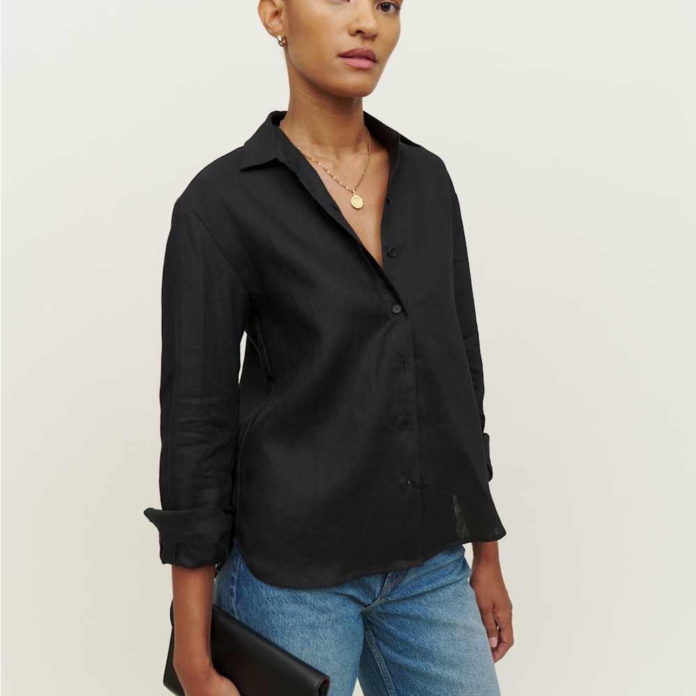 Reformation Preston Black Linen Button Down Shirt | Medium